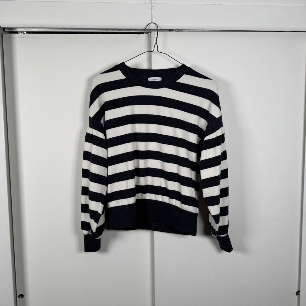 Evereve Women Black White Striped Puff Sleeve Sweatshirt Size S Crew Neck